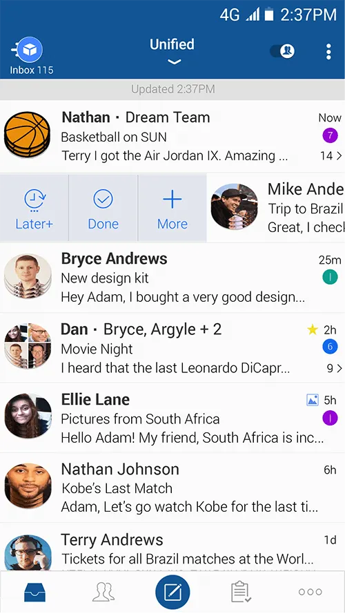 BlueMail swipe actions
