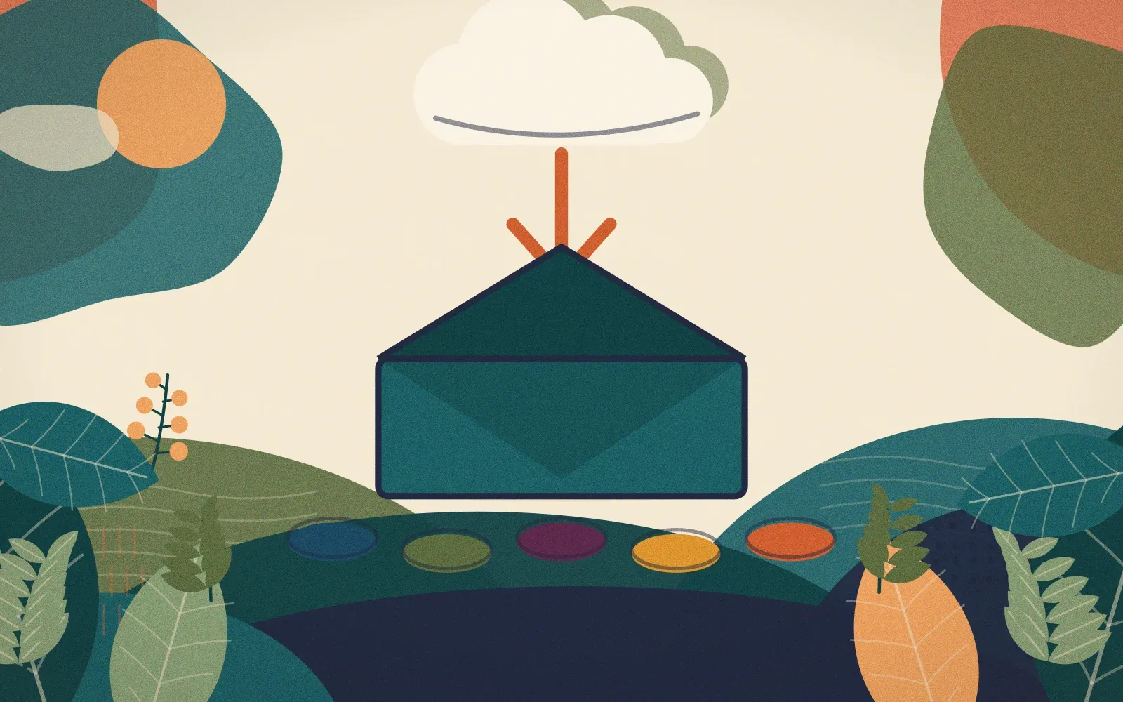 An arrow descending from a cloud into an open envelope, with five stepping stones below